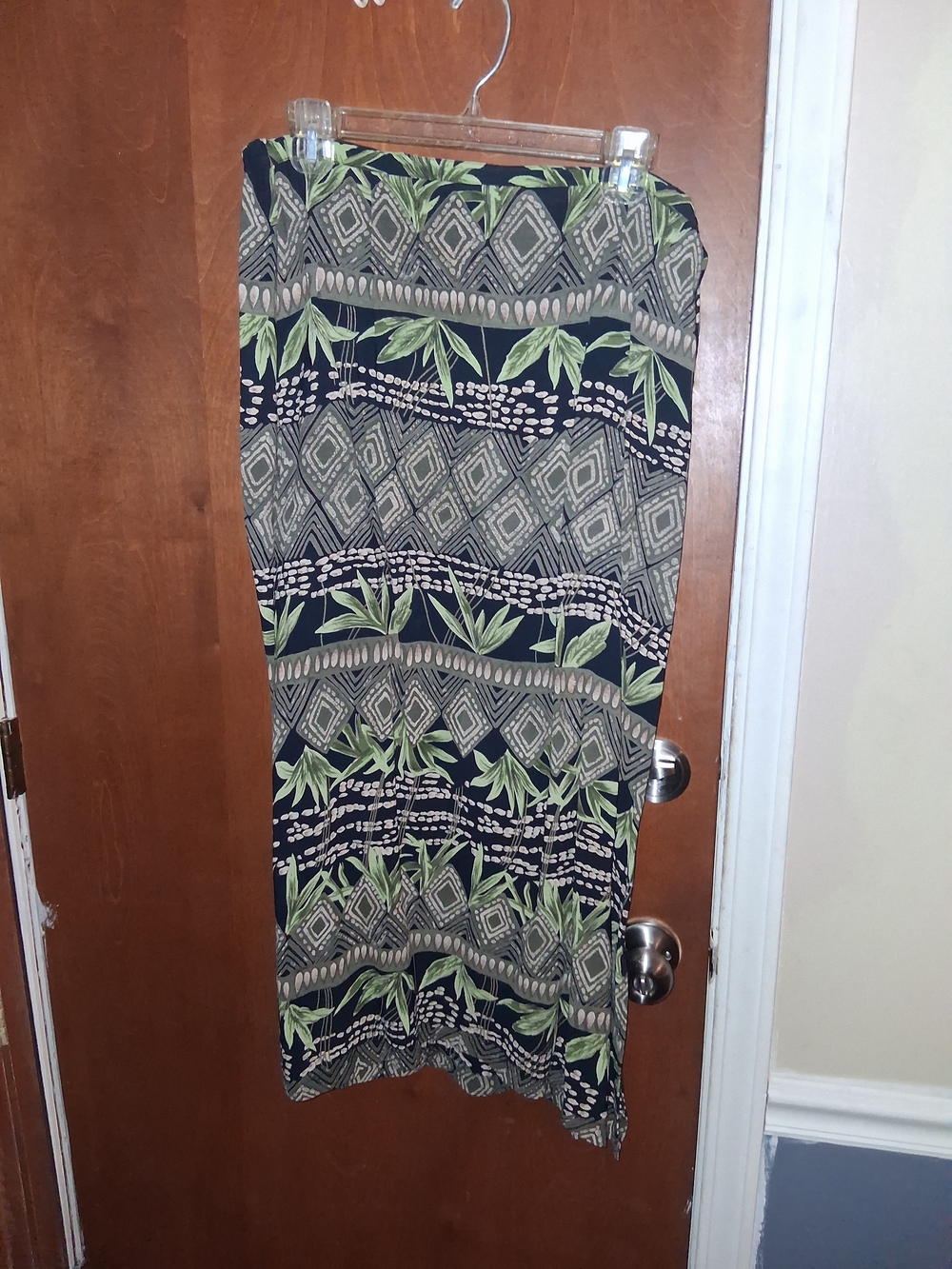 JM Collection Navy Print Maxi Skirt with Green Leaf Accents